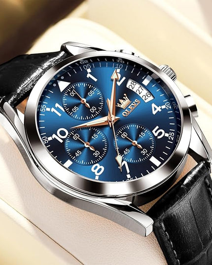 OLEVS Men's Chronograph Leather Watch, Big Face Easy to Read Analog Quartz Dress Watch, Casual Waterproof Luminous Hands Date Watches for Men, White/Blue/Black/Gold Dial