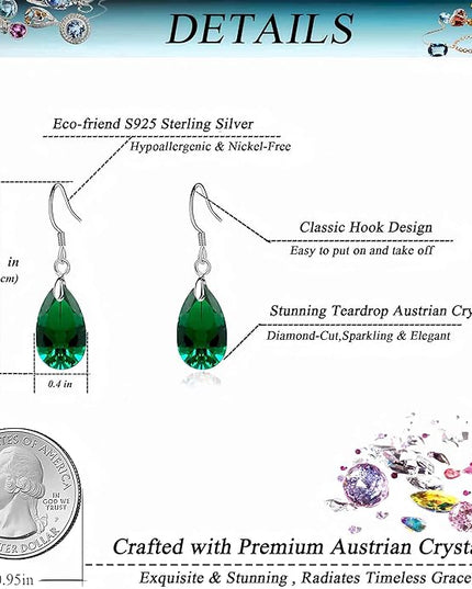 Teardrop Austrian Crystal Drop Dangle Earrings for Women 925 Sterling Silver Hook Hypoallergenic Jewelry