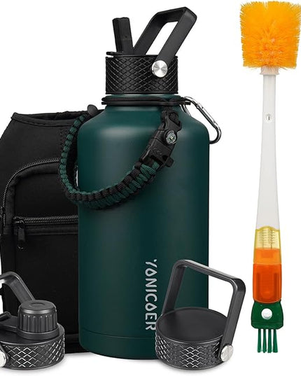Insulated Water Bottle 64oz,Triple Wall Vacuum Stainless Steel(Dishwasher Safe),Leak Proof & Non-BPA,Flask Jug with Paracord Handle & Straw Spout Lids Sports Green