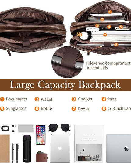Faux Leather Messenger Bag for Men 17-17.3 Inch: Convertible 3 in 1 Backpack Laptop Bag Briefcase Computer Handbags Shoulder Crossbody Bag with Padded Laptop Sleeve for Work College Travel, PU Coffee