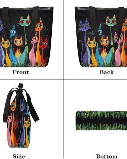 Pardick Canvas Tote Bags, Cute Funny Cats Tote Bag Eco Friendly Reusable Grocery Shopping Bagsfor Beach, Books, Women with Zipper Inner Pocket