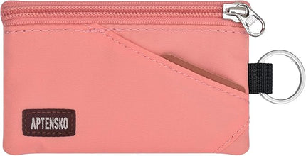 RFID Travel Wallet with Adjustable Lanyard-Zipper Small Wallet with ID Card Holder, Keychain for women&men-Minimalist Slim Waterproof Nylon case for ID, Cash, Key (Coral Blush)
