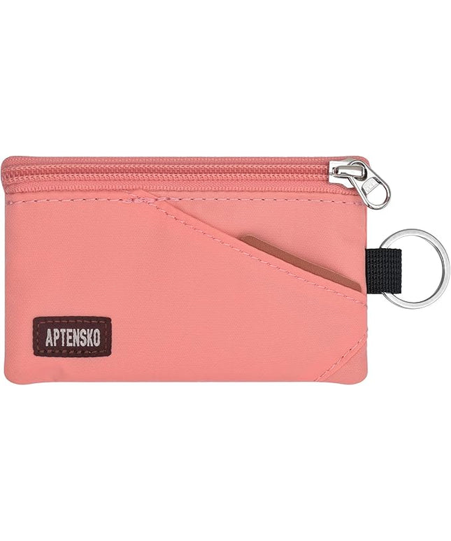 RFID Travel Wallet with Adjustable Lanyard-Zipper Small Wallet with ID Card Holder, Keychain for women&men-Minimalist Slim Waterproof Nylon case for ID, Cash, Key (Coral Blush)