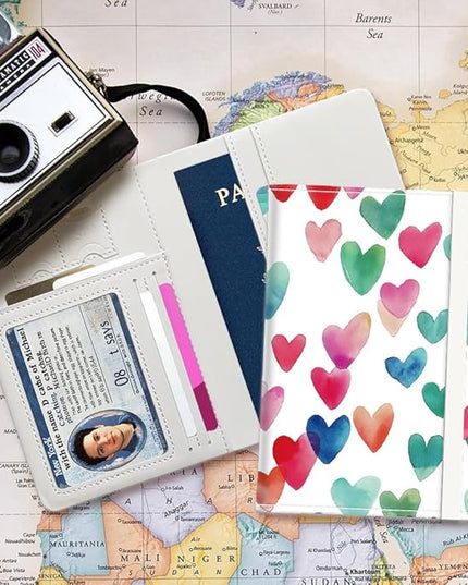 PU Leather Passport Holder Cover 5.9×4.3 Inch with Credit Card Slot and Boarding Pass Slot Combo Blocking Passport Holder Wallet Cover Case for Travel Boarding Essentials (Heart)