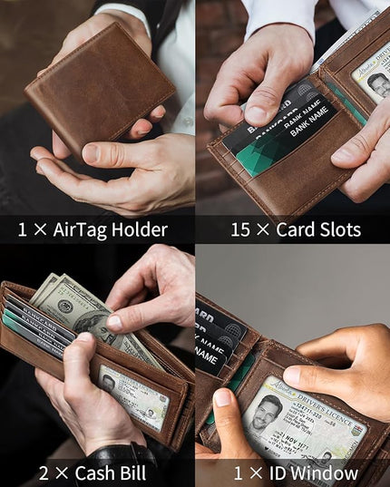 Mens Genuine Leather Bifold RFID Blocking Wallet with 14 Card Slots, ID Window & 2 Cash Pocket - Includes Gift Box