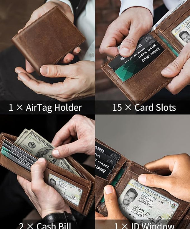 Mens Genuine Leather Bifold RFID Blocking Wallet with 14 Card Slots, ID Window & 2 Cash Pocket - Includes Gift Box