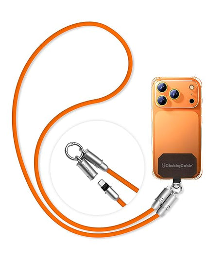 chubbycable Crossbody Strap for iPhone 17 Series 240W USB-C Phone Lanyard Charging Cable with Anti-Theft Lock, Wrist/Neck Strap Fast Charge & Data Transfer,Orange,0.98FT