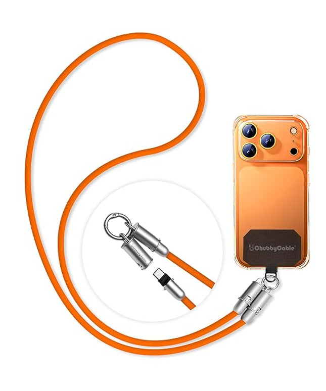 chubbycable Crossbody Strap for iPhone 17 Series 240W USB-C Phone Lanyard Charging Cable with Anti-Theft Lock, Wrist/Neck Strap Fast Charge & Data Transfer,Orange,4.59FT