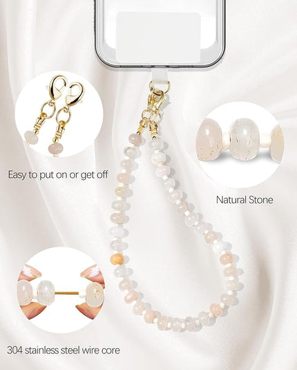 Natural Stone Beaded Phone Wrist Strap for Women – Detachable Chain Wristlet, Durable 304 Stainless Steel Core (Light Pink)