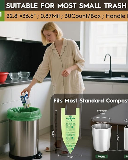 10-13 Gallon Compostable Trash Bags with Handles Tie 30 Bags Biodegradable Garbage Bags Food Scrap Green Waste Bags Thick 0.87 Mil 49.21 Liter ASTM D6400, US BPI and OK Compost Home Certified