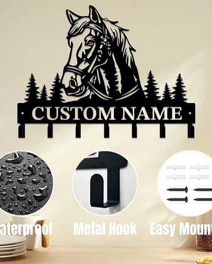 Personalized Custom Name Farm Horse Wall Key Hooks,Metal Horse Art Clothes Hooks,Metal Horse Wall Home Storage Decorative,For Front Door, Hallway, Kitchen, Bedroom,Keys,Hats (Style L)