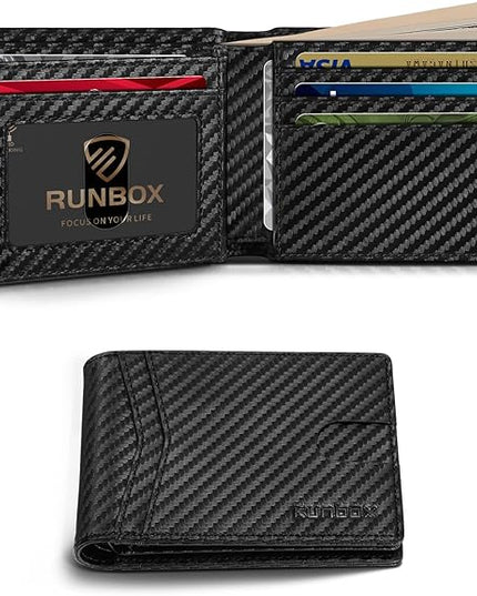 RUNBOX Wallet for Men Bifold RFID Blocking Wallets with 2 ID Window 14 Card Holders 1 cash pocket 1 Gift Box