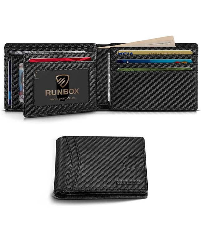 RUNBOX Wallet for Men Bifold RFID Blocking Wallets with 2 ID Window 14 Card Holders 1 cash pocket 1 Gift Box