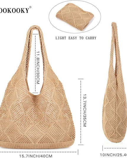COOKOOKY Crochet Beach Tote bag Summer Beach Bag for Women Aesthetic Mesh Tote Bag Hippie Bag Knit Bag
