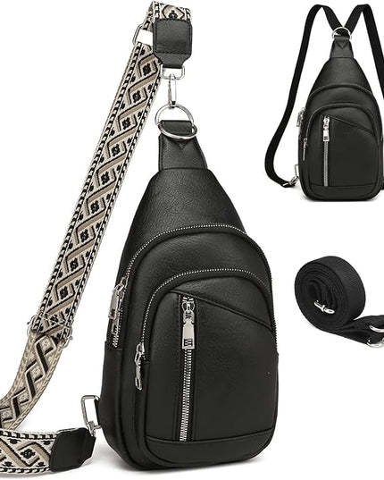 Sling Bag Crossbody Backpack - 2 in 1 Leather Cross Body Bag Fanny Pack with 2 Removable Straps