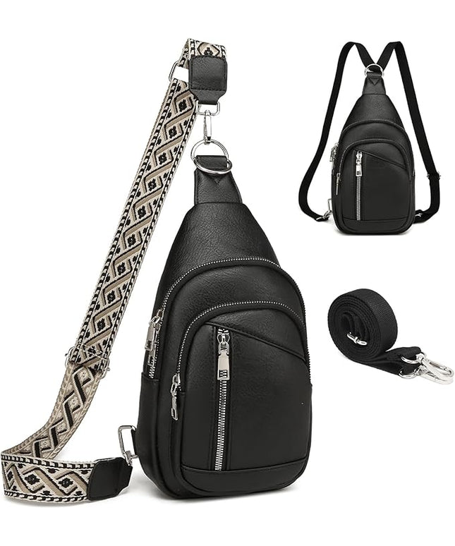 Sling Bag Crossbody Backpack - 2 in 1 Leather Cross Body Bag Fanny Pack with 2 Removable Straps