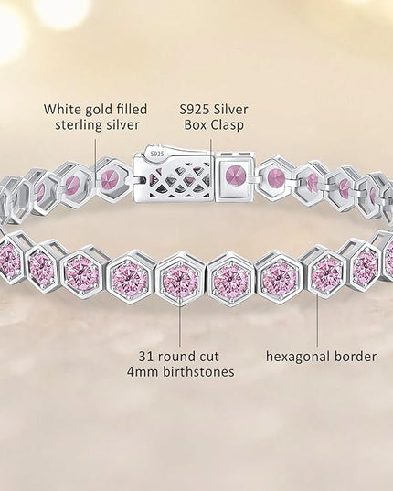 Birthstone Tennis Bracelets for Women Birthday Gifts 925 Sterling Silver Hexagon White Gold Bracelets Round Cut 5A Cubic Zirconia Prong Setting 7 Inch Anniversary Jewelry Gift