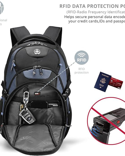 Swissdigital Design Laptop Backpack, Travel Backpack with USB Charging Port Fits 15.6 inches Computer, 31L College School Bookbag for Men,Haze Blue/Black | SD803-16