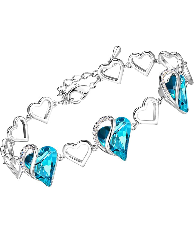 Leafael Infinity Love Heart Link Bracelets, Birthstone or Healing Stone Crystal Bracelet for Women, Silver Tone Jewelry Gifts for Her, 7-inch Chain and 2-inch Extender