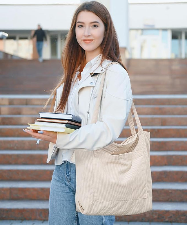 Iioscre Corduroy Tote Bag for Women,Hobo HandBags with Zipper,Large Capacity Casual Shoulder Handbags with Inner Pockets