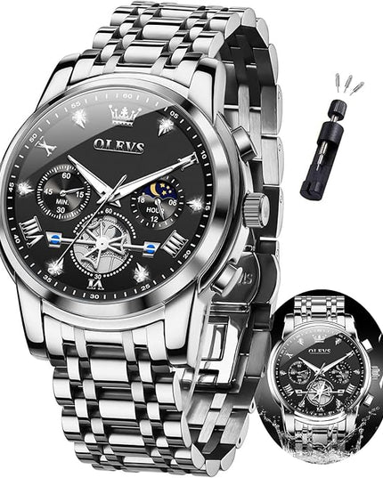 OLEVS Mens Watches Chronograph Watch Luxury Dress Stainless Steel Waterproof Watches for Men Moon Phase Luminous Business Calendar Wrist Watch Blue/Black/Green/Gold/Face