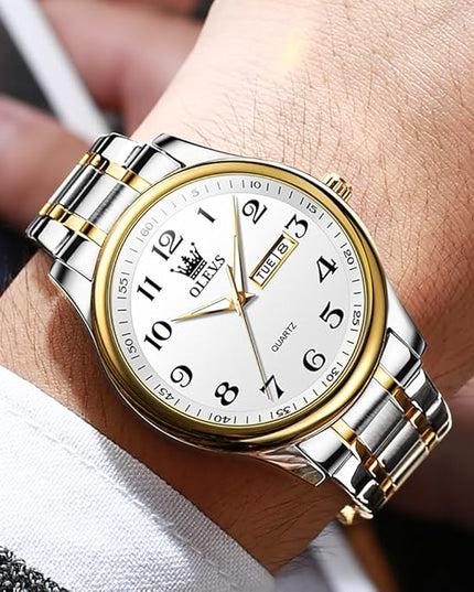 OLEVS Watches for Men Brown Leather Gold Case Analog Quartz Fashion Business Dress Watch Day Date Luminous Waterproof Casual Male Wrist Watches