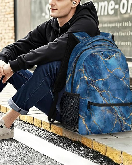 Large Backpack with 15.6 Inch Laptop Compartment, Blue Marble with Gold Veins Texture Adult Backpack for Work, Travel & School College Boys Girls