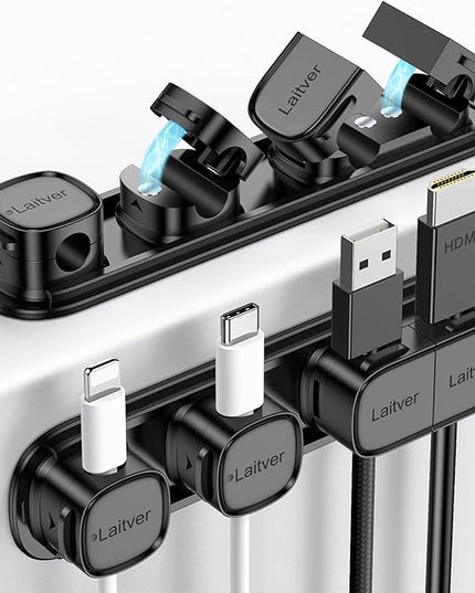6 Pack Magnetic Cable Clips [1s Open/Lock], Laitver Cord Organizer Holder Strong Adhesive Desk Cable Management- Organize Charging Cords Neatly for Home, Office, Car,Desk, Nightstand-Black