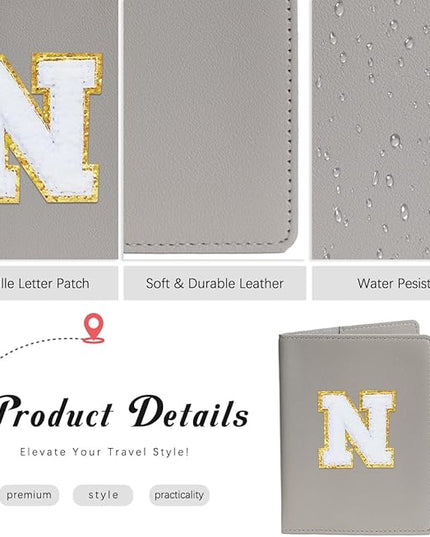 Initial Passport Cover Holder and Luggage tag Set,PU Leather Passport Case Travel Suitcase Tag with Letter Patch, Personalized Travel Luggage Accessories Gifts for Women Grils Teenage Grey R