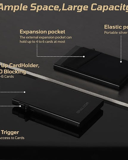 Slim Card Holder Wallet for Men with 12 Card Slots,RFID Blocking Pop Up men's wallet,Metal Wallet with Superelastic Material Expandable Front Pocket Perfectly holds cards,bills,and coins(Black)