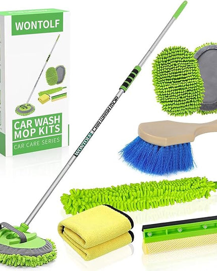 Wontolf 62'' Car Wash Brush with Long Handle Chenille Microfiber Car Wash Mop Mitt Kit Car Detailing Brush Cleaning Kit Window Squeegee Car Duster Drying Towels Tire Brush for Cars RV Truck Boat