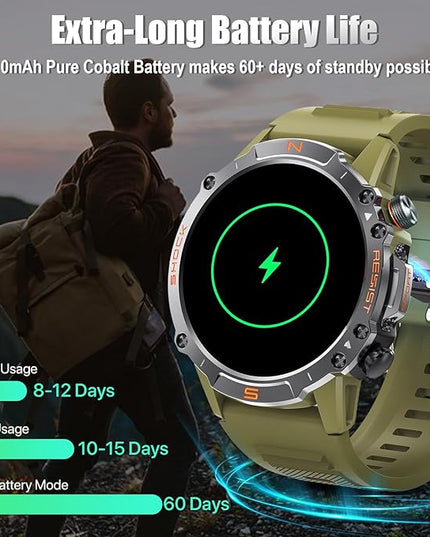 WalkerFit Military Rugged Smart Watch for Men 1.43" AMOLED Smartwatch, Always-on, IP68 Waterproof for Swim, HR Sleep Monitor, Bluetooth Call Fitness Watch for iPhone Andriod Compatible, Army Green