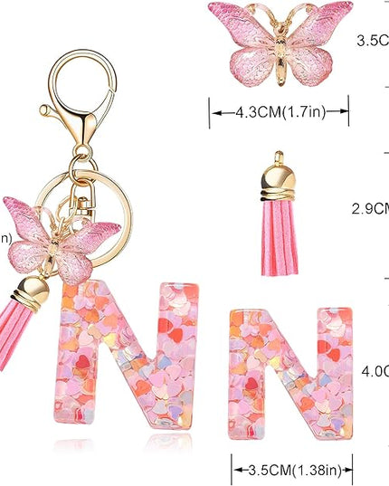 Fashion Alphabet Initial Letter Keychain Tassel Butterfly Pendant Key Ring for Purse Handbags Women Girl