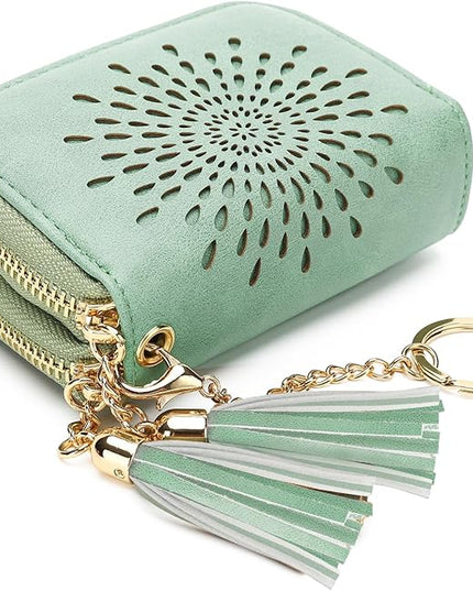APHISON RFID Credit Card Holder Zipper Card Case Small Wallets for Women Leather Sunflower Style Ladies Girls Credit Card Case Double-Zip Peppermint-Mambo-Green