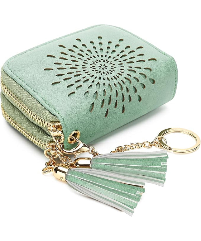APHISON RFID Credit Card Holder Zipper Card Case Small Wallets for Women Leather Sunflower Style Ladies Girls Credit Card Case Double-Zip Peppermint-Mambo-Green