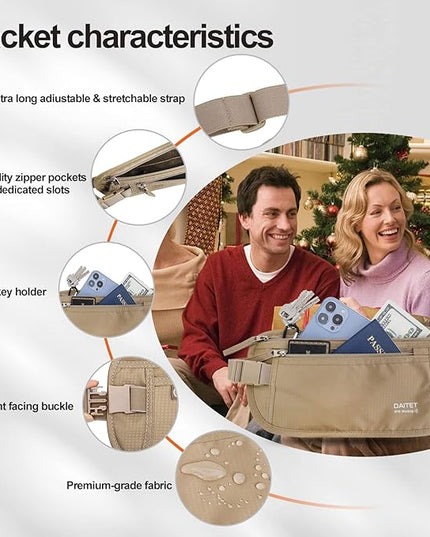 DAITET Money Belt - Passport Holder Secure Hidden Travel Wallet with RFID Blocking, Undercover Fanny Pack (Beige)