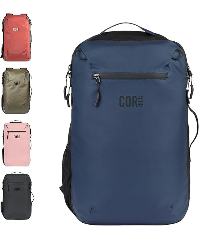 COR Surf Carry On Travel Laptop Backpack with Secret Passport Pockets | Daypack Business Weekender Luggage Backpack for Men and Women | The Island Hopper (40L, Navy Blue)