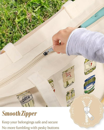 Large Tote Bag for Women - Aesthetic Cute Big Canvas Bags with Zipper Cotton Shoulder Bag for Gym, Travel, Work