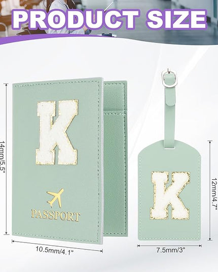 PATIKIL Passport Holder for Travel, Initial Passport Cover and Luggage Tag Set with Alphabet Chenille Letter Patch Travel Wallet Bag Suitcase Identifier for Women Family Travel Green K