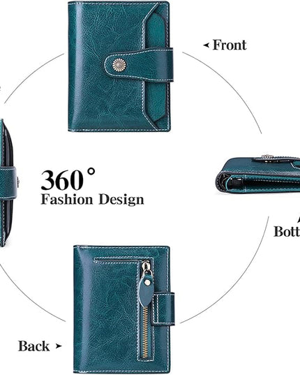 Falan Mule Women's Wallet, Genuine Leather, Bifold, RFID Blocking, Peacock Blue, 10 Slots, 2 Windows, 1 Zipper Pocket, 2 Compartments