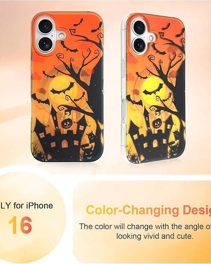 Halloween Case for iPhone 16 Case [ Compatible with Magsafe ] Holographic Orange Sky with Black Castle, Bats, Ghosts and Pumpkins Pattern Design, Creative Magnetic Protective Phone Cover