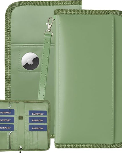 GOAUS Passport Holder with AirTag Slot, PU Leather Travel Document Organizer, Multiple RFID Blocking Wallet for Family of 4 to 6 Green