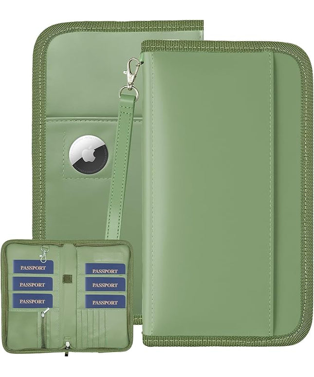 GOAUS Passport Holder with AirTag Slot, PU Leather Travel Document Organizer, Multiple RFID Blocking Wallet for Family of 4 to 6 Green