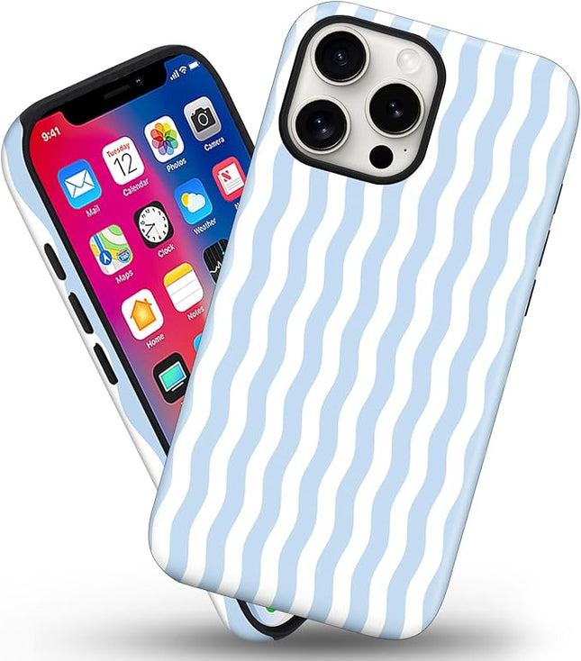 Magnetic for iPhone 14 Pro Case Cute Wavy Stripes Phone Case, Shockproof Slim TPU and Hard PC Protective Phone Cover Compatible with MagSafe Designed for Women Girls, Blue
