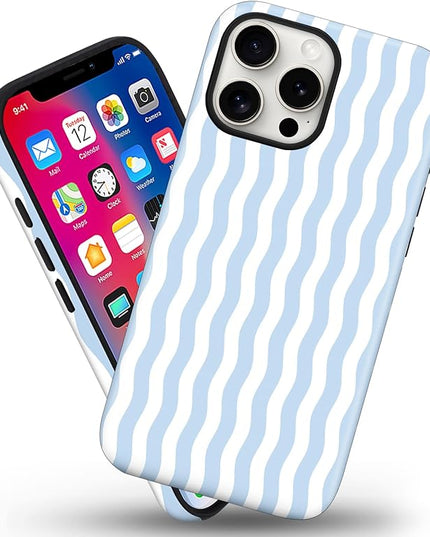 Magnetic for iPhone 16 Pro Case Cute Wavy Stripes Phone Case, Shockproof Slim TPU and Hard PC Protective Phone Cover Compatible with MagSafe Designed for Women Girls, Blue