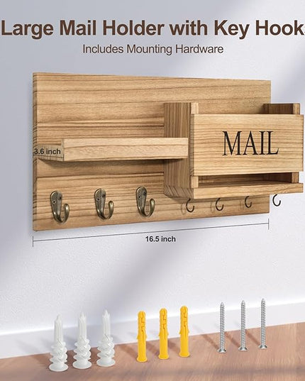 Lwenki Mail Organizer for Wall Mount – Key Holder with Shelf Includes Letter Holder and Hooks for Hallway Farmhouse Decor – Rustic Wood with Flush Mounting Hardware (16.5” x 9.1” x 3.4”) (Wood)