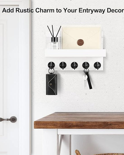 Lwenki Key Holder for Wall, Decorative Key and Mail Holder with Shelf Has Large Key Hooks for Bags, Coats, Umbrella – Paulownia Wood Key Hanger with Mounting Hardware (9.8”W x 6.7”H x 4.2”D)