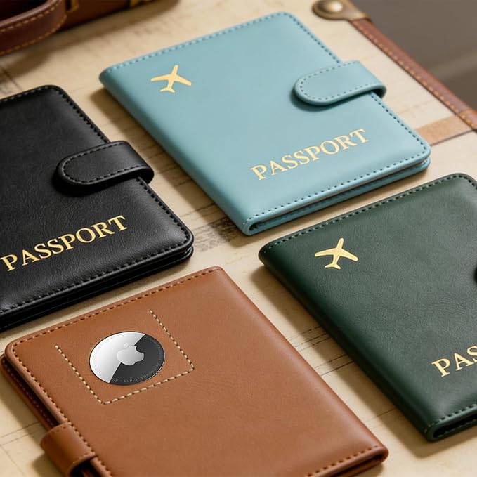 Passport Holder with Airtag Slot Cards Cash Air Ticket Pocket, Travle Gifts for Women Men RFID Blocking Wallet, Passport Book Cover Case Green