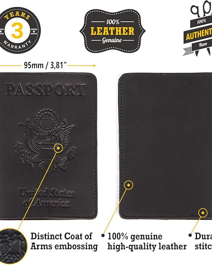 Shvigel US Leather Passport Book Cover - Thin American Travel Passport Holder - Premium International USA Passport Protector Case for Women Men (Black Vintage)