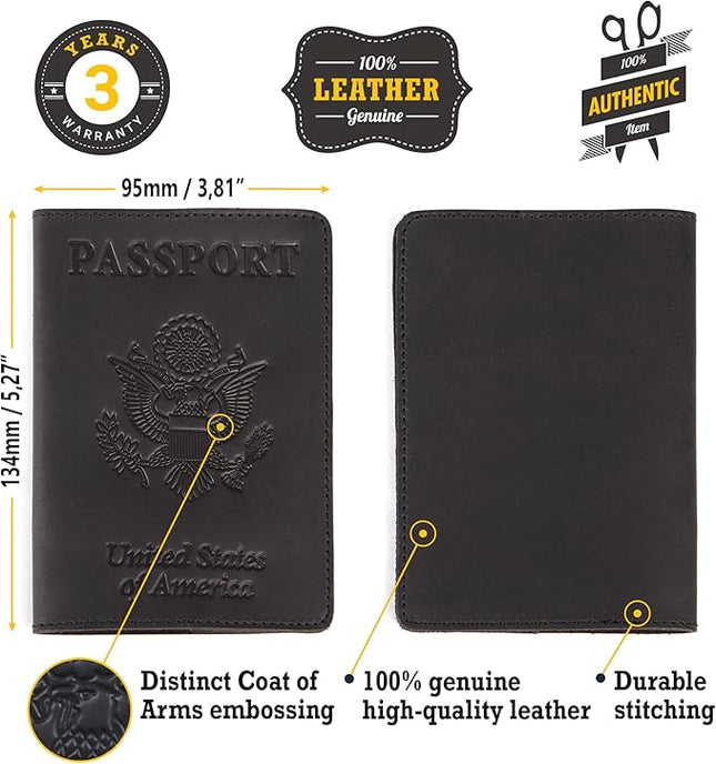 Shvigel US Leather Passport Book Cover - Thin American Travel Passport Holder - Premium International USA Passport Protector Case for Women Men (Black Vintage New)